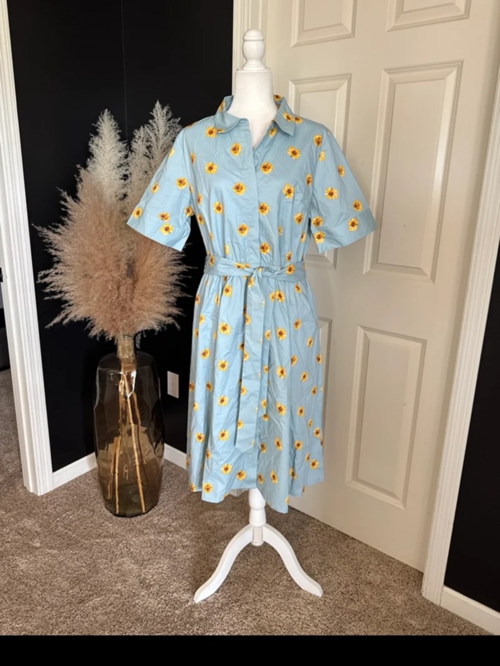 JASON WU Stretch Cotton Printed Twee Shirt Dress Blue Sunflower in Size Large - Picture 2 of 12